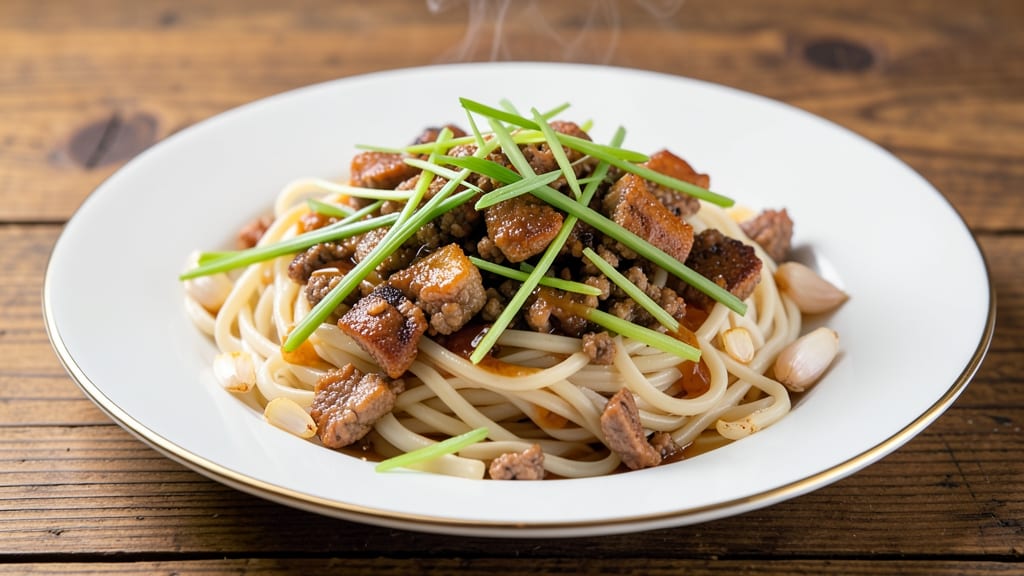 Minced Pork Noodle Recipe: Crispy Celery Crowns Over Silky Pork Velout