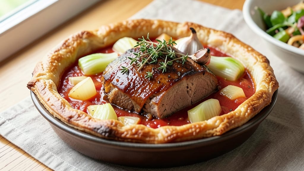 Michael Symon's Pork Pie Recipe: Celery Crown Crunch Over Smoky Tomato Gravy