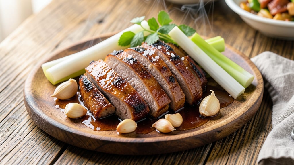 Ah So Pork Recipe: Celery Crown Crunch Over Smoky Soy Velout