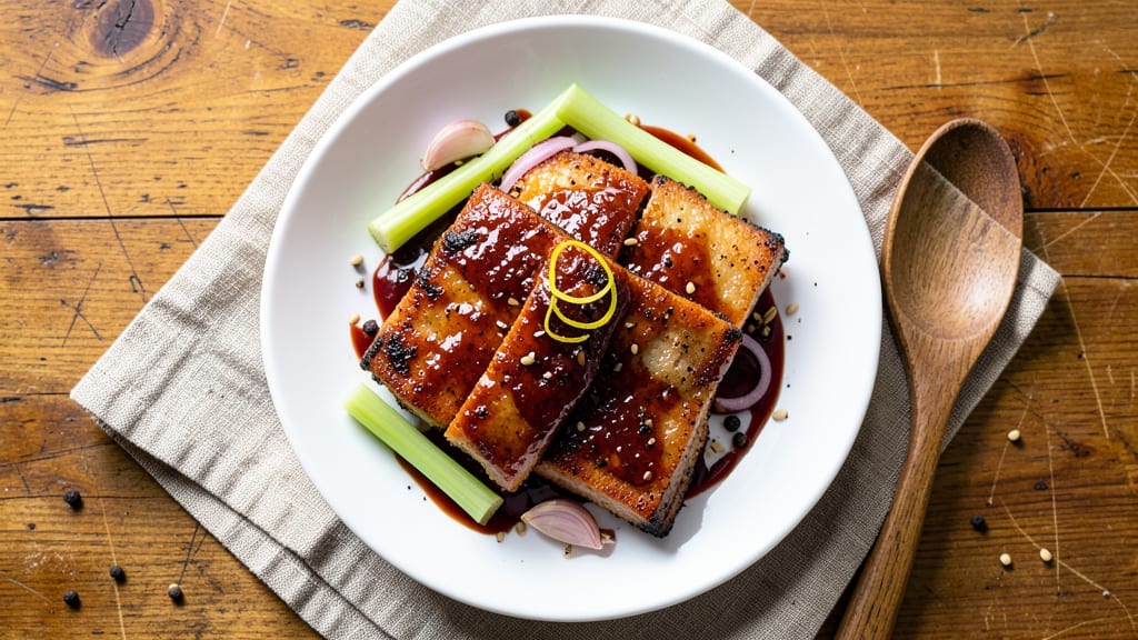Ah So Sauce Boneless Pork Ribs Recipe: Crispy Celery Crowns Over Silky Tomato Velout