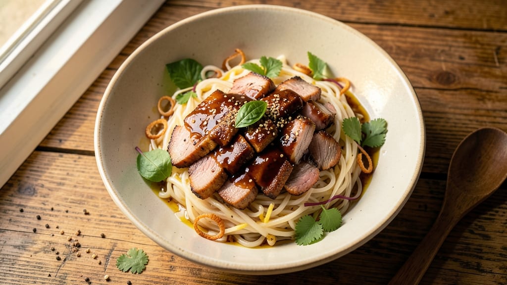 Asian Pork Noodle Bowl Recipe: Fragrant Five-Spice Pork Over Silky Rice Noodles