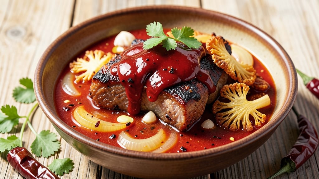 Mexican Pork Sauce Recipe: Smoky Chipotle and Tomato Velout With Crispy Celery Crowns