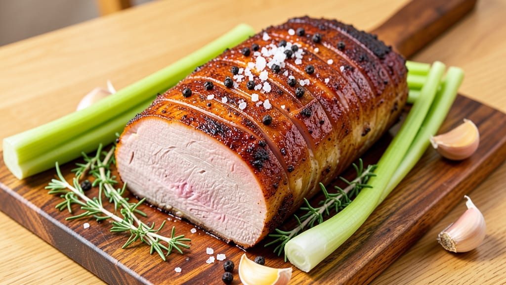 Air Fryer Rotisserie Pork Roast Recipe: Crispy Celery Crowns Over Juicy Pink Meat
