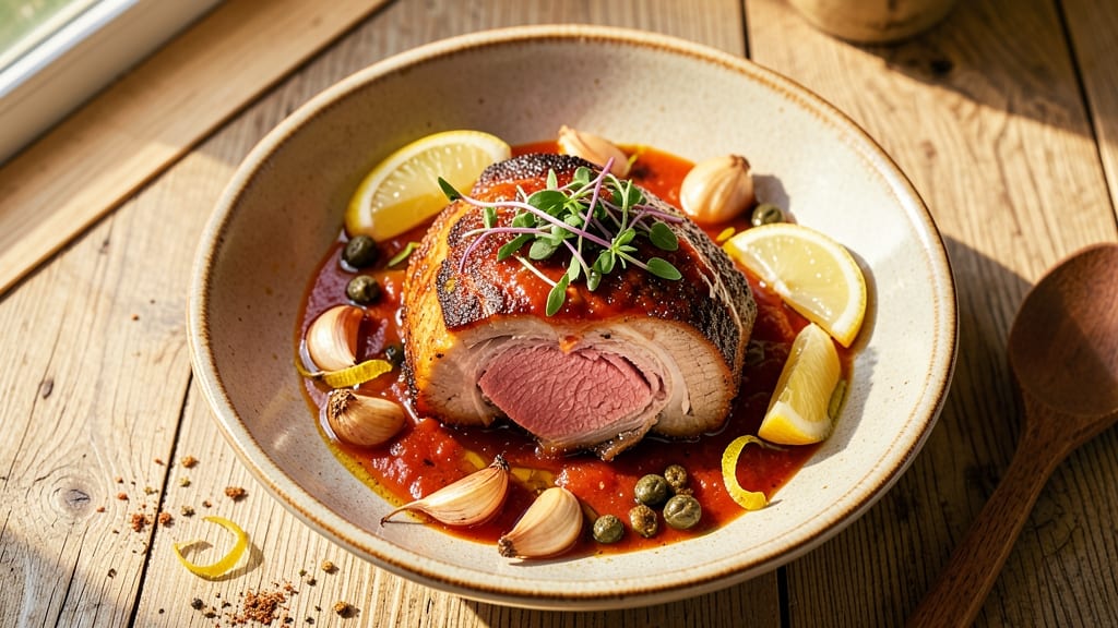 Mediterranean Pulled Pork Recipe: Celery Crown Crunch Over Lemon-Herb Tomato Velout