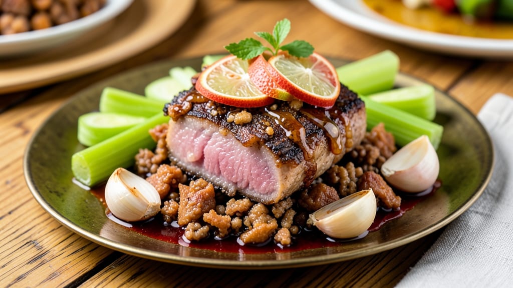 Minced Pork Sisig Recipe: Crispy Celery Crowns Over Smoky Garlic Velout